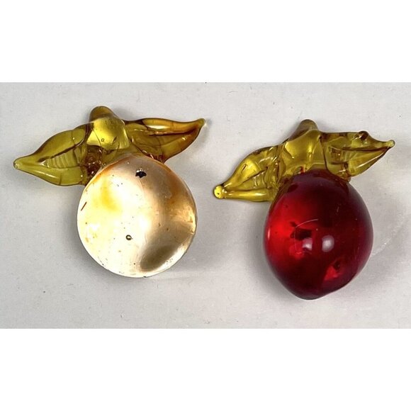 VTG Lot 2 Handblown Glass Miniature Fruit 1.25" Peach & Red Apple w/ Leaves - Picture 1 of 2